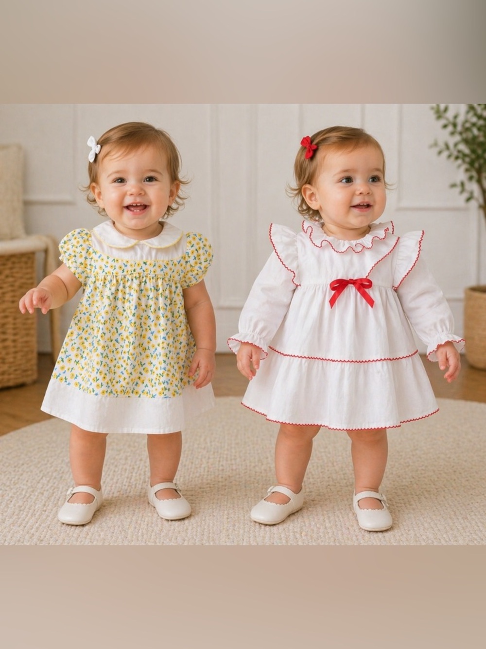 Vintage Baby Dress Bundle 12M Floral Smocked + Red Trim Ruffle Set Cottagecore